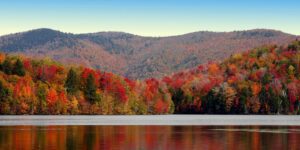 Autumn foliage surrounding a mountain lake.